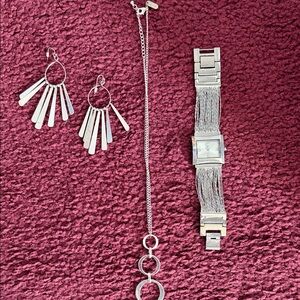 Silver Tone Jewelry Set - Necklace, Earrings & Watch